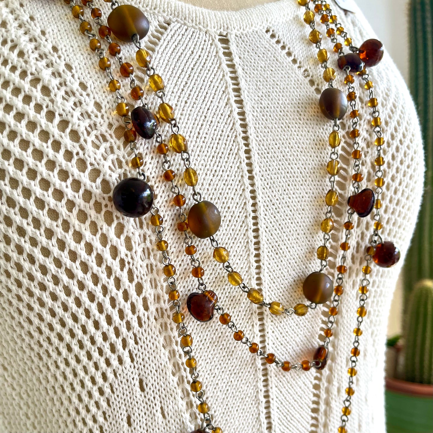 Multi Layered Amber Glass Silver Tone Necklace