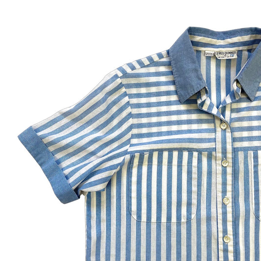 Vintage 80's Alfred Dunner Women's Baby Blue Stripped Pocket Botton Up Top