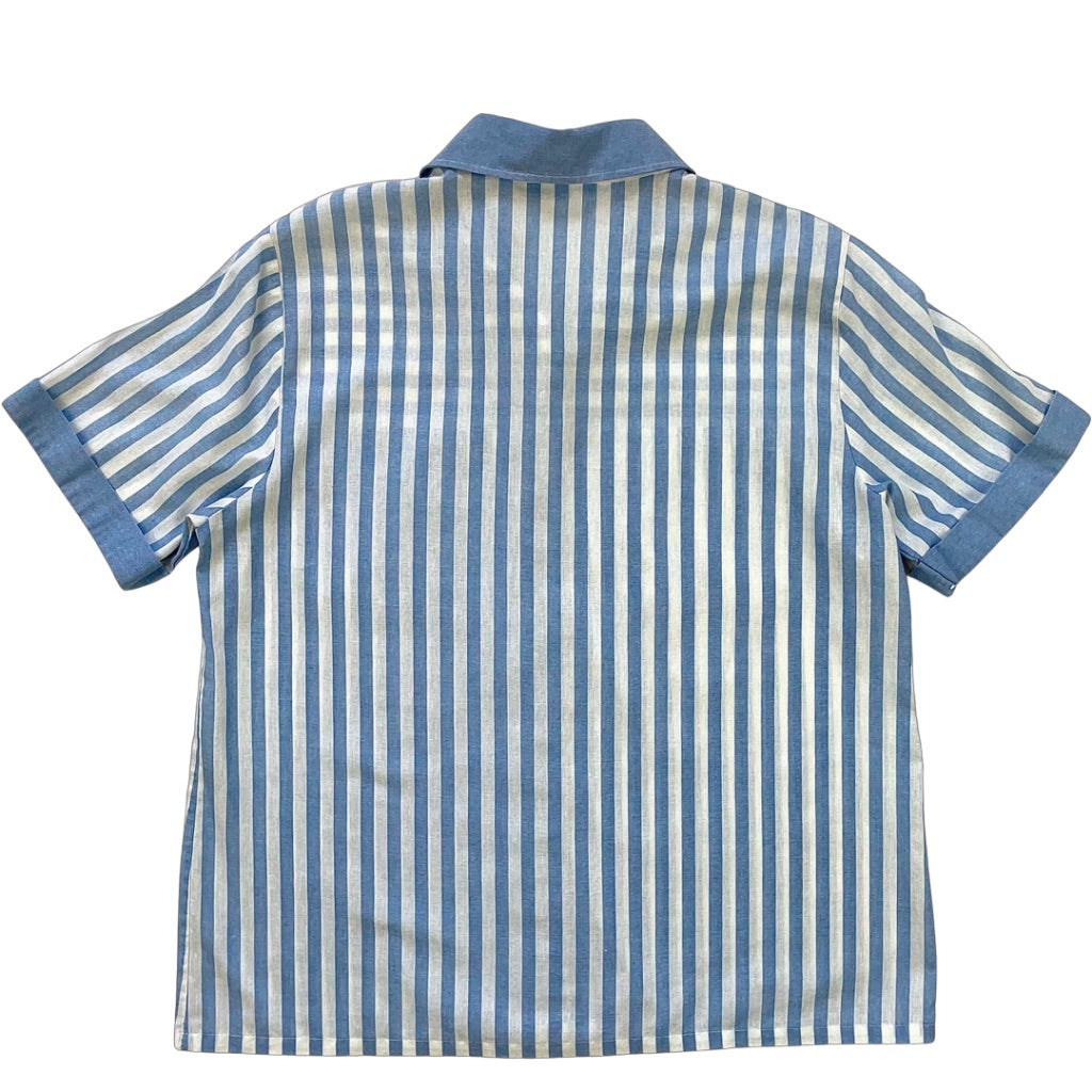 Vintage 80's Alfred Dunner Women's Baby Blue Stripped Pocket Botton Up Top
