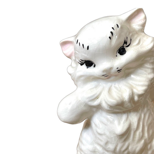 Vintage Hand Painted Ceramic White Playful Cat Figurines 2 Piece Set