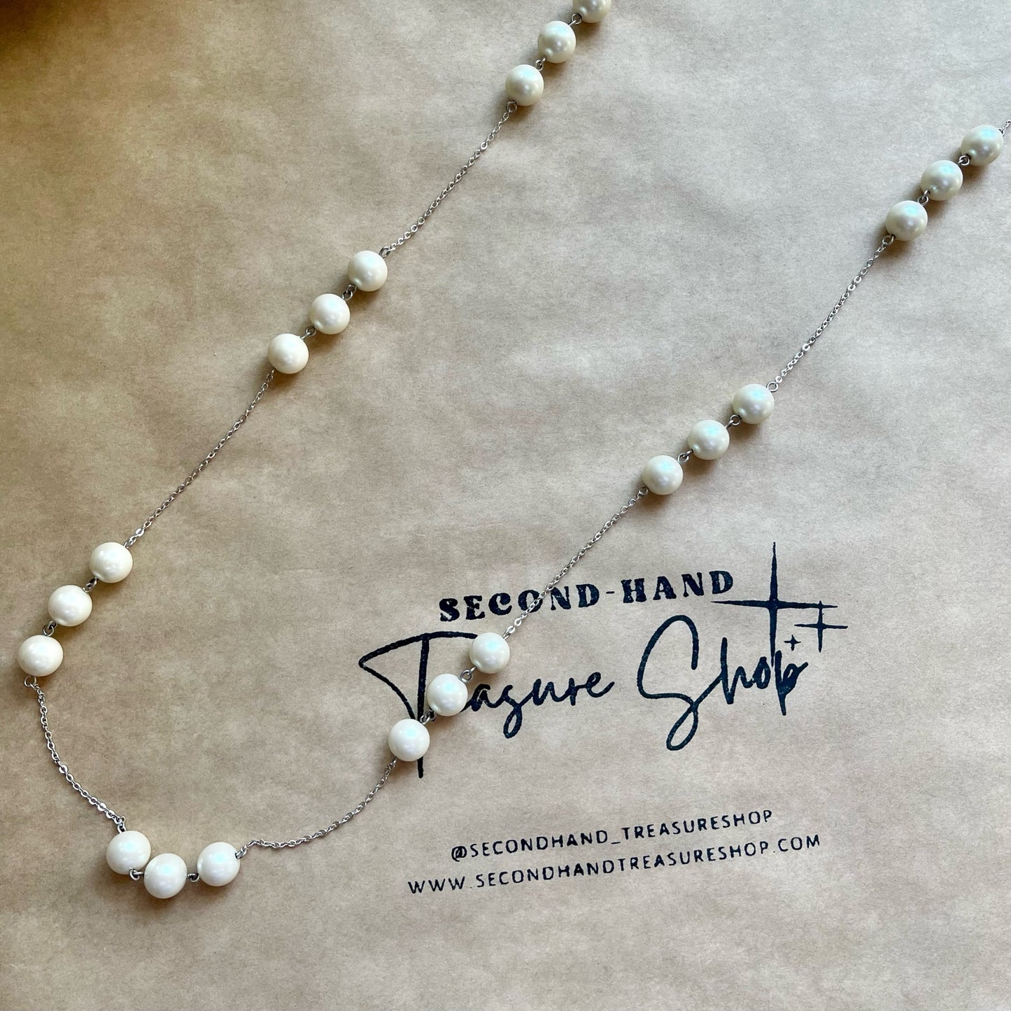 Signed Silver Tone Glass Pearl Necklace